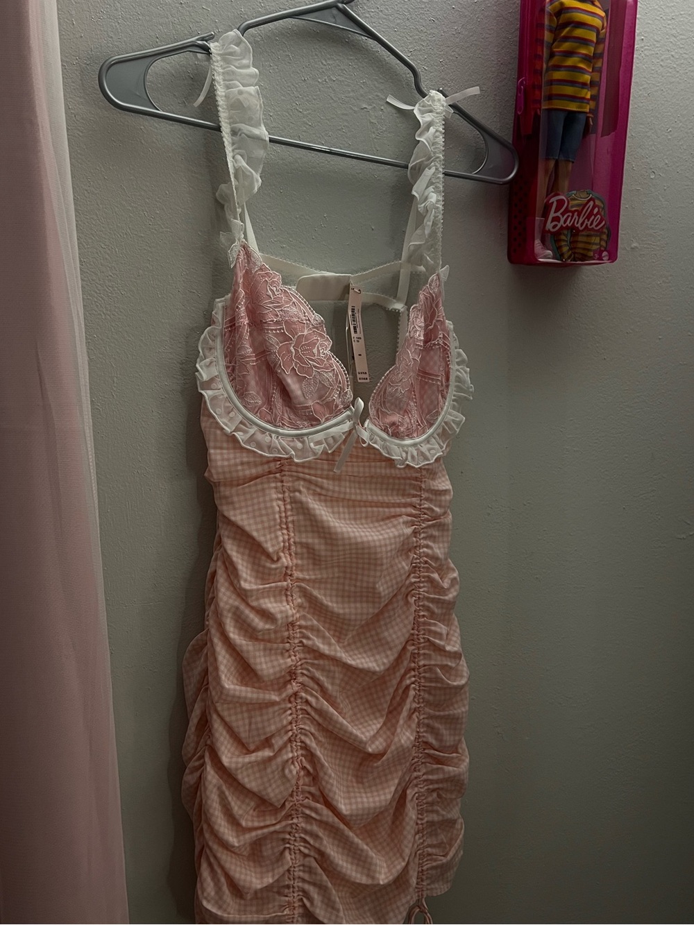 NWT For Love And Lemons Pink Gingham Lace Chemise with White Ruffle Straps